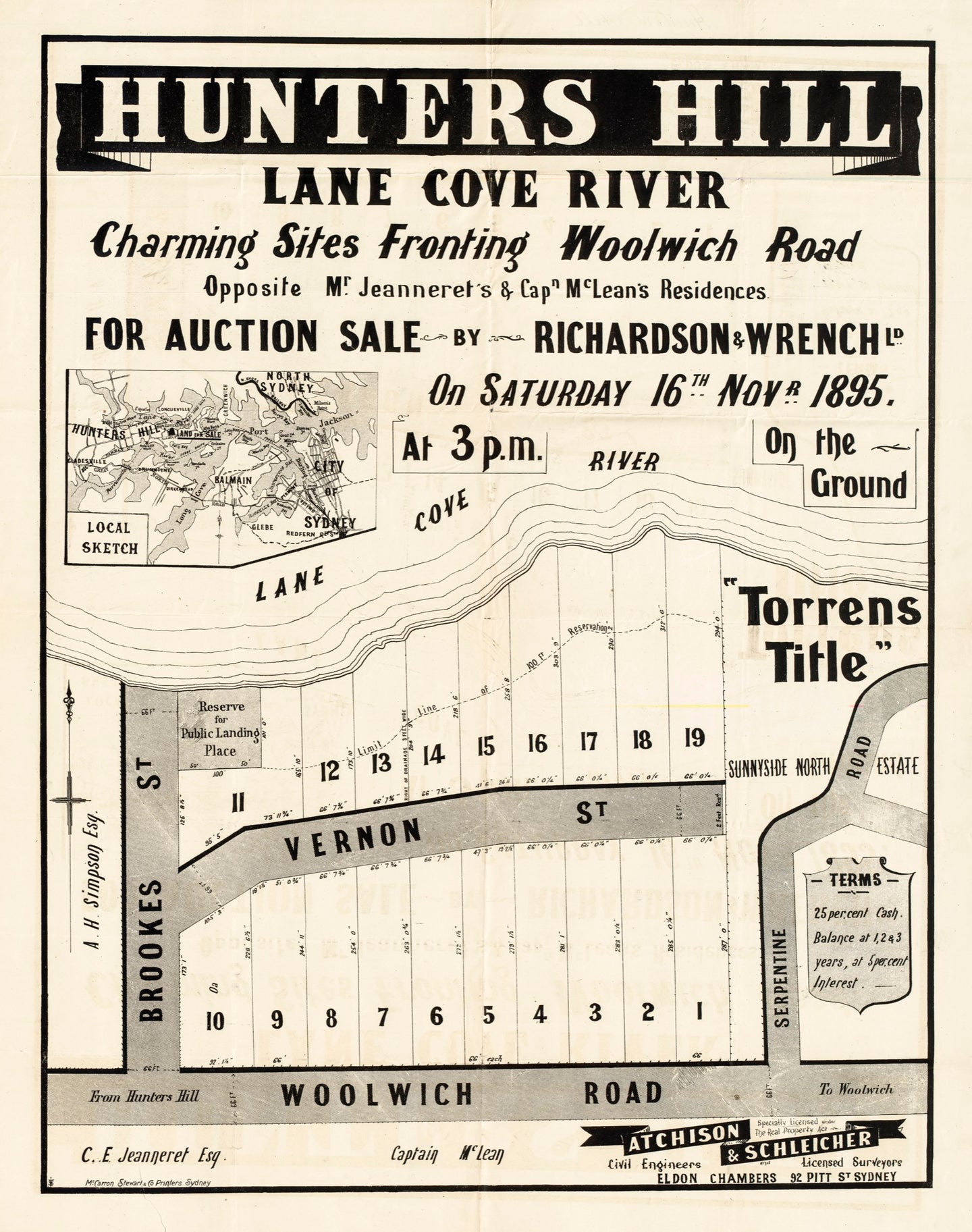 Hunters Hill, Lane Cove River, charming sites fronting the Woolwich Road, Opposite Mr Jeanneret's & Capt McLean's Residences