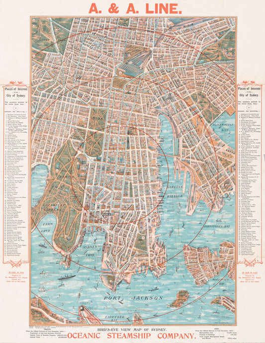 A. & A. Line. Bird's-eye View Map of Sydney, 1905