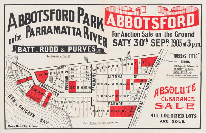 Abbotsford Park on the Parramatta River: Absolute Clearance Sale, 1905