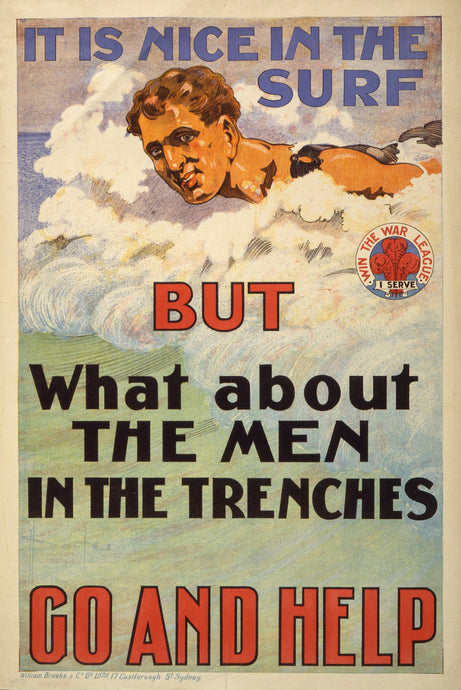 ANZAC recruitment poster: It's nice in the surf but what about the men in the trenches