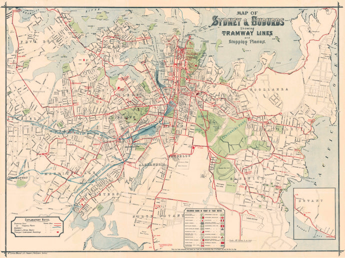 Map of Sydney & Suburbs Showing Tramway Lines and Stopping Places