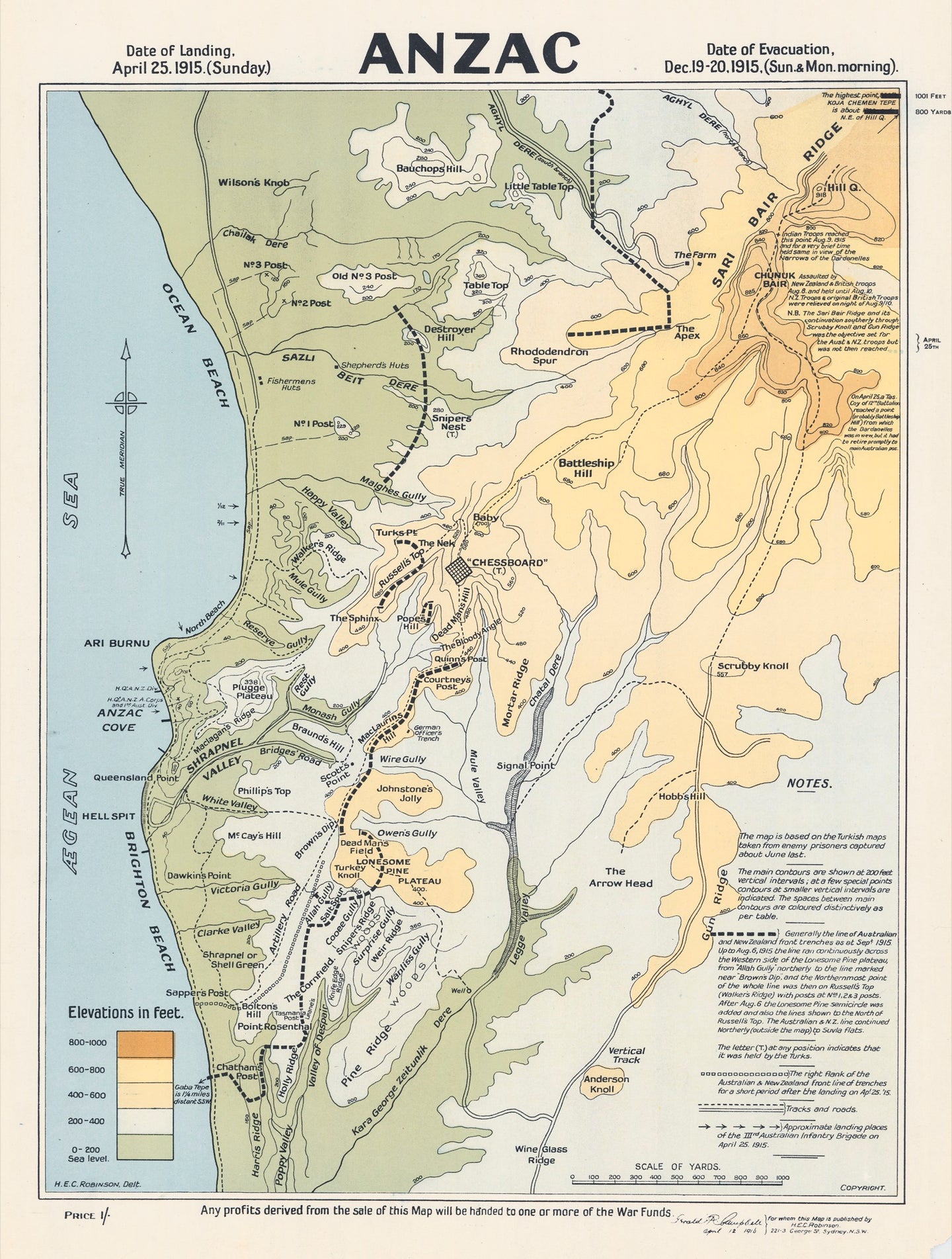 Anzac map - Landing, April 25. 1915 - Evacuation, Dec 1915