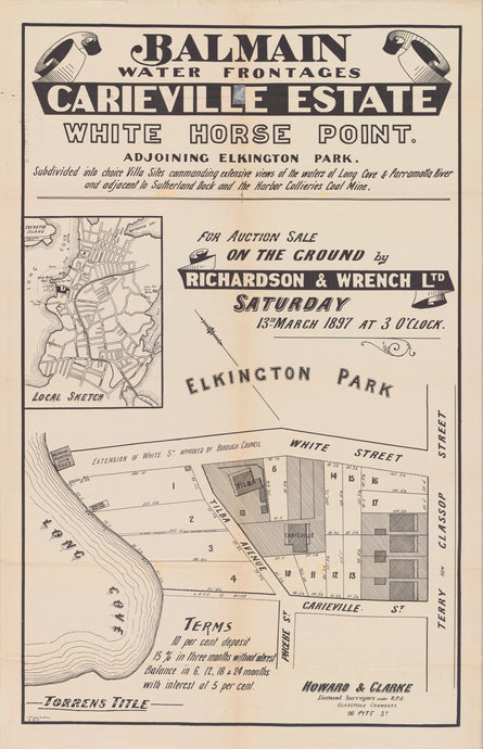 Balmain Water Frontages Carieville Estate, White Horse Point adjoining Elkington Park, 1897